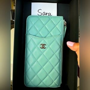❌SOLD❌Chanel Classic Quilted Phone Holder/ Card holder Sea Foam Green GHW